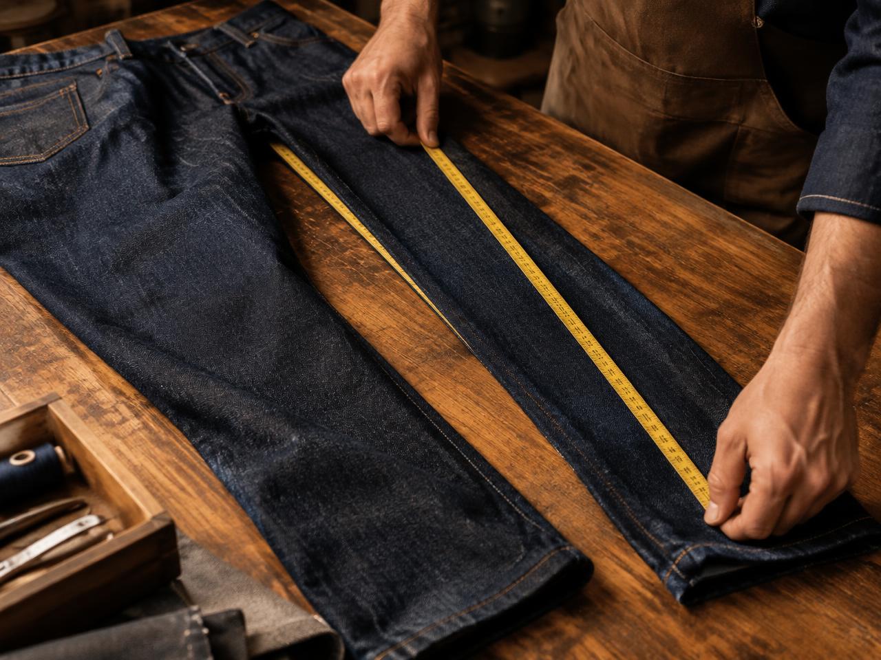 A tailor measuring the inseam of ZACE USA denim jeans